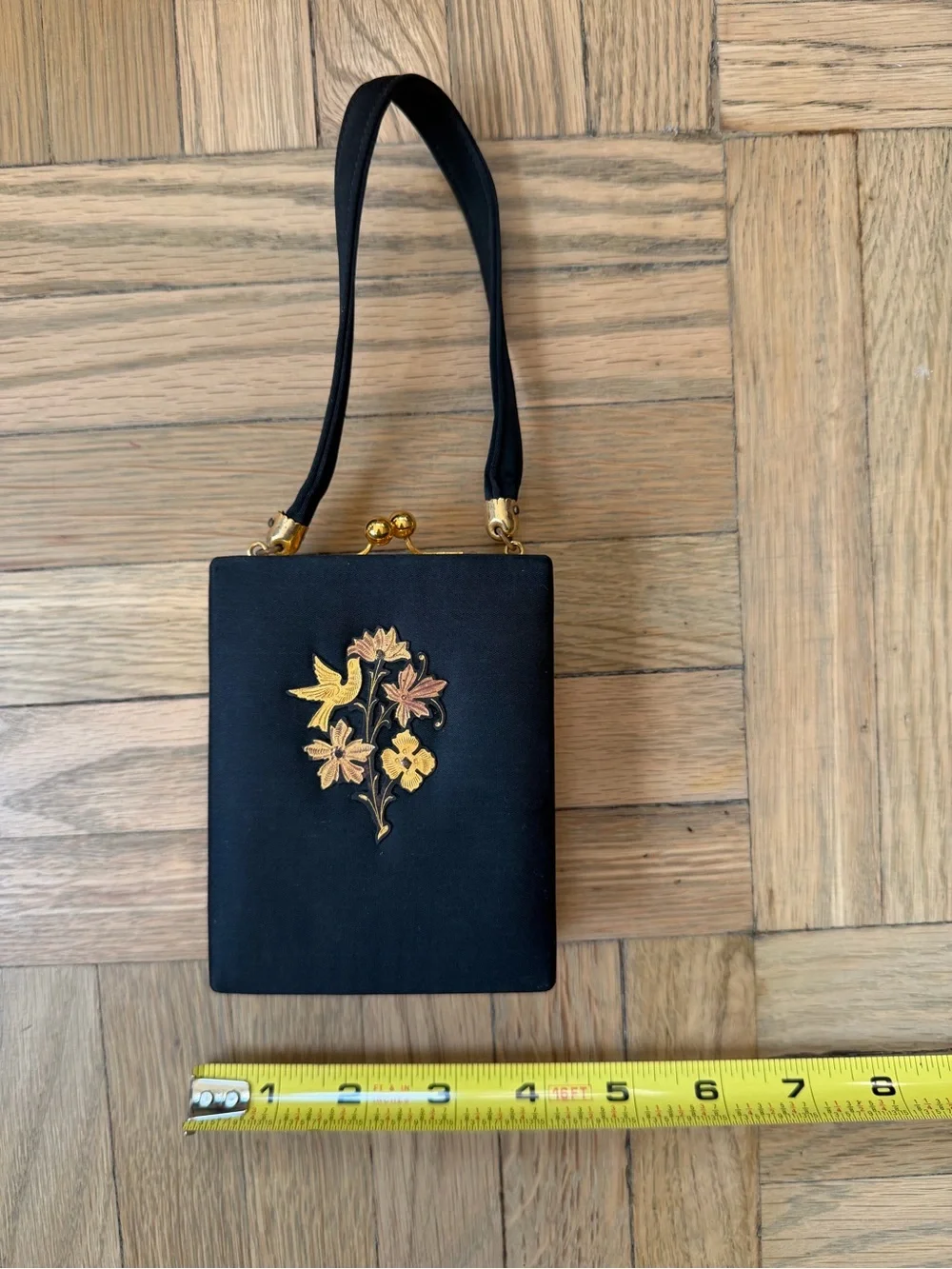 Vintage Silk Black Floral Handbag with Gold Appliqué, Mirror and Lipstick placer